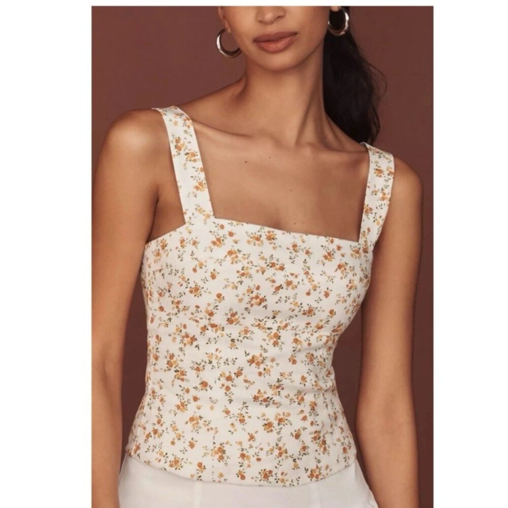 Reformation Darci Linen Top Floral Square Neck Corset Tank Ivory 4 FLAW - Picture 2 of 11